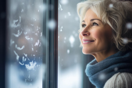 Close up of a senior woman contemplating a winter scene from her window. Generative AIの素材