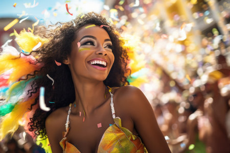 Latin woman dancing on the streets during carnival. Generative AIの素材