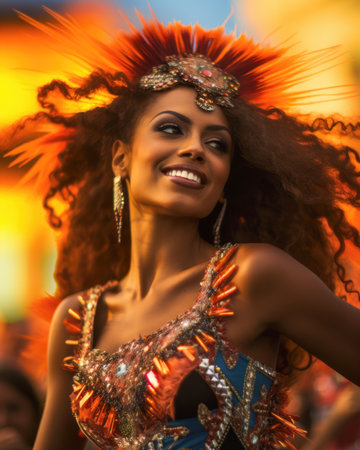 Latin woman dancing on the streets during carnival. Generative AIの素材