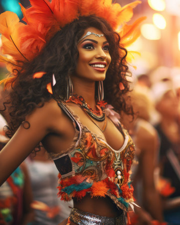 Latin woman dancing on the streets during carnival. Generative AIの素材