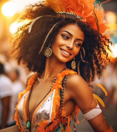 Latin woman dancing on the streets during carnival. Generative AIの素材