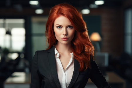 Close up of a redhead businesswoman with her workspace on the background. Generative AIの素材