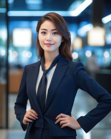 Vertical close up of a Japanese businesswoman with her workspace on the background. Generative AIの素材