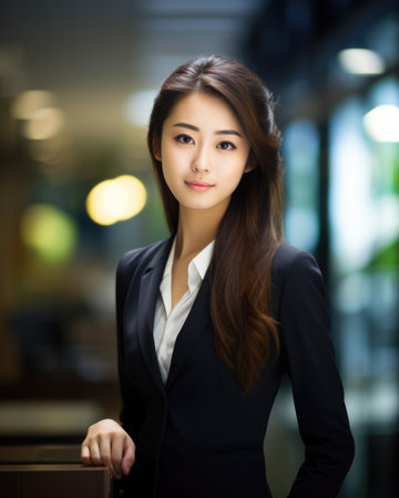 Vertical close up of a Japanese businesswoman with her workspace on the background. Generative AIの素材