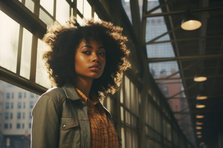 Close up of an African American woman with a city scene background ...
