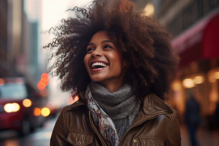 Close up of an African American woman smiling with a city scene ...