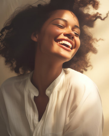 Close up of a joyful African American young woman laughing with a light brown color background. Generative AIの素材
