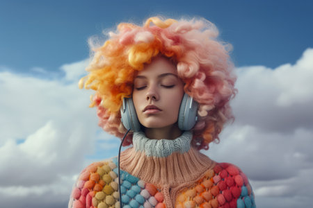 Young lofi woman wearing headphones and colorful winter clothes with a sky background. Generative AIの素材
