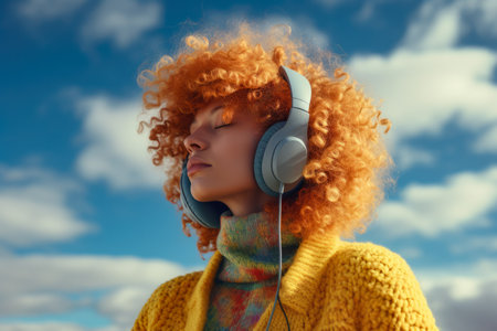 Young lofi woman wearing headphones and colorful winter clothes with a sky background. Generative AIの素材
