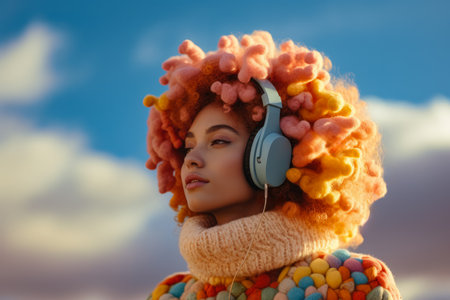 Young lofi woman wearing headphones and colorful winter clothes with a sky background. Generative AIの素材
