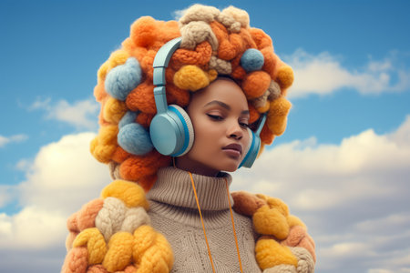 Young lofi woman wearing headphones and colorful winter clothes with a sky background. Generative AIの素材