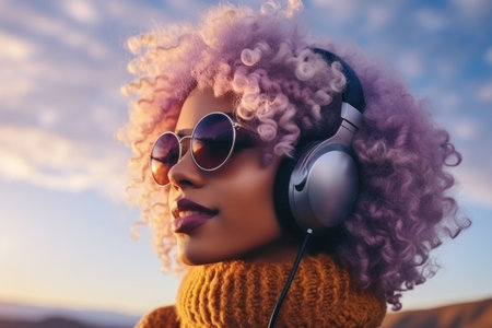 Young woman wearing headphones and colorful winter clothes with a sky background. Generative AIの素材