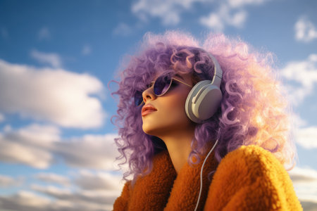 Young woman wearing headphones and colorful winter clothes with a sky background. Generative AIの素材