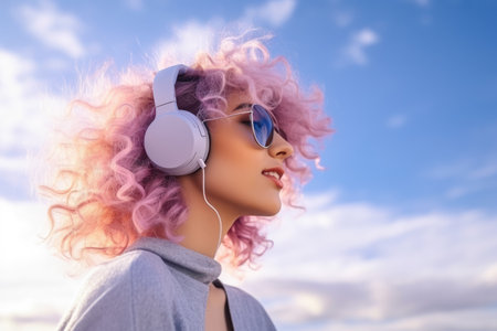 Young woman wearing headphones and colorful winter clothes with a sky background. Generative AIの素材