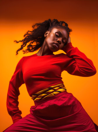African American woman in colorful clothing dancing on a studio. Generative AIの素材