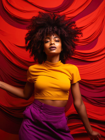 African American woman in colorful clothing dancing on a studio. Generative AIの素材