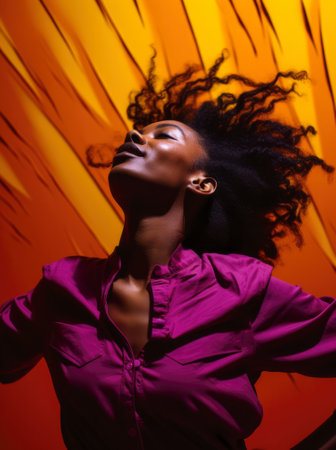 African American woman in colorful clothing dancing on a studio. Generative AIの素材
