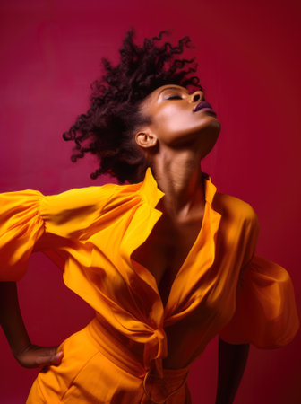 African American woman in colorful clothing dancing on a studio. Generative AIの素材