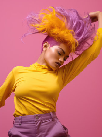 Young positive woman with purple hair in colorful clothing dancing on a studio. Generative AI.の素材