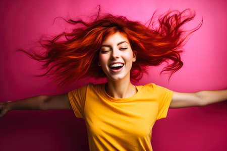 Closeup of a young redhead woman dancing and waving her hands. Generative AI.の素材