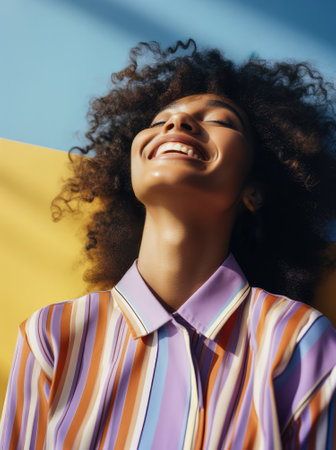 Closeup of a young African American woman dancing and waving her hands. Generative AI.の素材