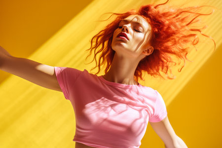 Closeup of a young redhead woman dancing and waving her hands. Generative AI.の素材