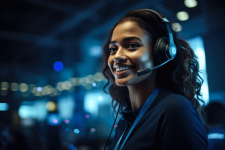 Female African American customer support agent working at a call center. Generative AI.の素材