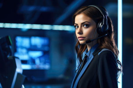 Female customer support agent working at a call center. Generative AI.の素材