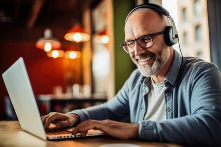 Senior man wearing a headphones and using a laptop as a means of learning. Concept image on online education. Generative AI.の素材