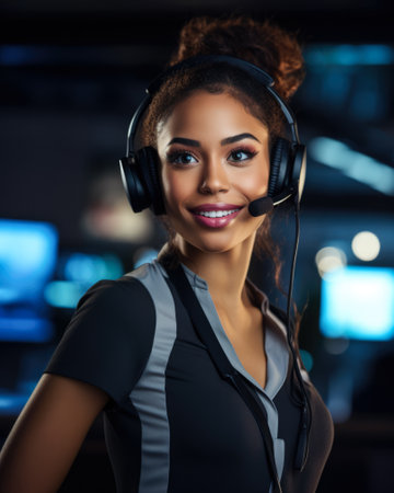Vertical shot of a female African American customer support agent working at a call center. Generative AI.の素材