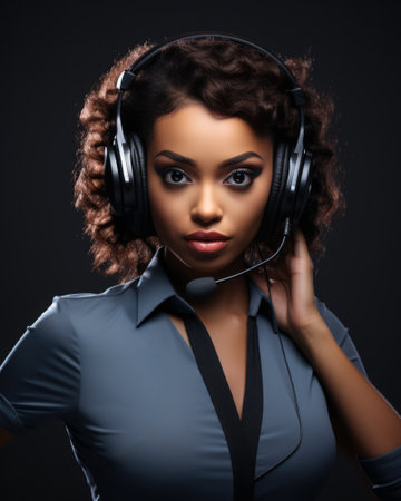 Vertical shot of a female African American customer support agent working at a call center. Generative AI.の素材