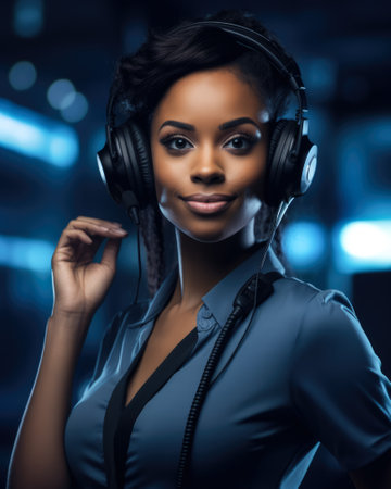 Vertical shot of a female African American customer support agent working at a call center. Generative AI.の素材