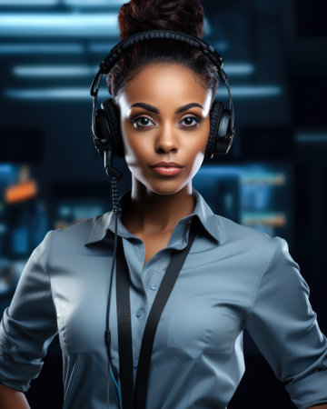 Vertical shot of a female African American customer support agent working at a call center. Generative AI.の素材