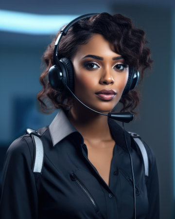 Vertical shot of a female African American customer support agent working at a call center. Generative AI.の素材