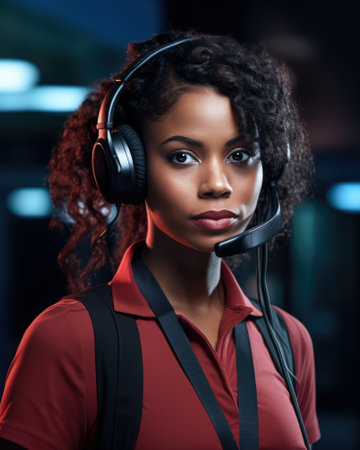 Vertical shot of a female African American customer support agent working at a call center. Generative AI.の素材