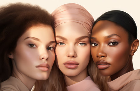 Closeup of a diverse group of women together. Skin care concept image. Generative AI.の素材