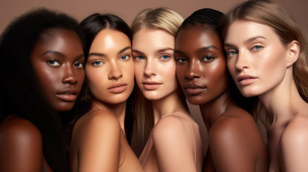 Closeup of a diverse group of women together. Skin care concept image. Generative AI.の素材