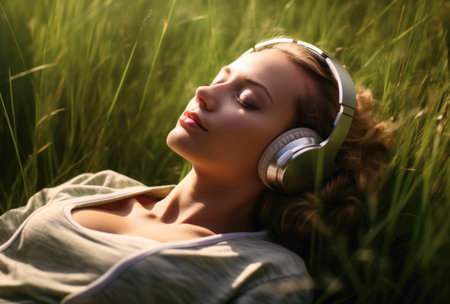 Young woman with headphones laying on green gras in a relaxing moment. Generative AI.の素材
