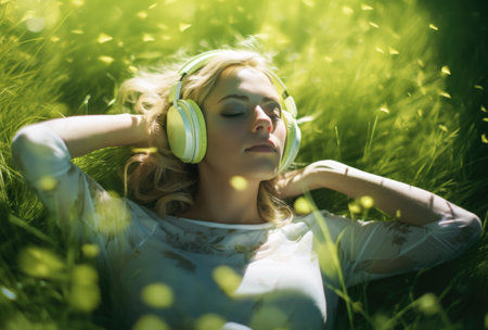 Young woman with headphones laying on green gras in a relaxing moment. Generative AI.の素材