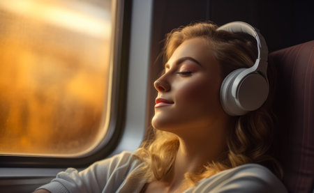 Young woman with headphones relaxing during a train trip. Generative AI.の素材