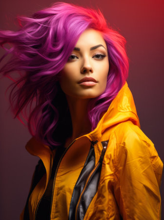 Studio closeup of a young woman with a colorful wavy hair and a yellow jacket posing for the camera. Generative AI.の素材