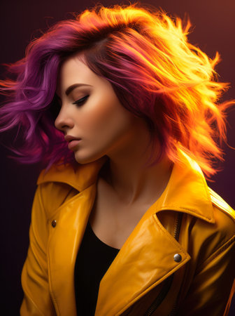 Studio closeup of a young woman with a colorful wavy hair and a yellow jacket posing for the camera. Generative AI.の素材