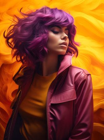 Studio closeup of a young woman with a colorful wavy hair and a yellow jacket posing for the camera. Generative AI.の素材