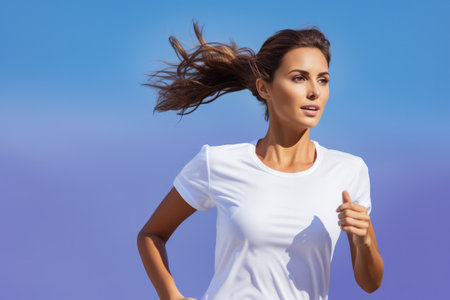 Young woman wearing a white t shirts running with copyspace background. Generative AI.の素材