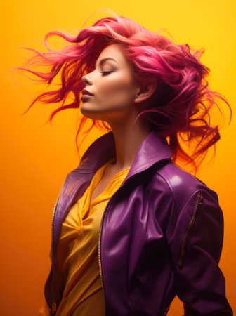 Studio closeup of a young woman with a colorful wavy hair and a yellow jacket posing for the camera. Generative AI.の素材