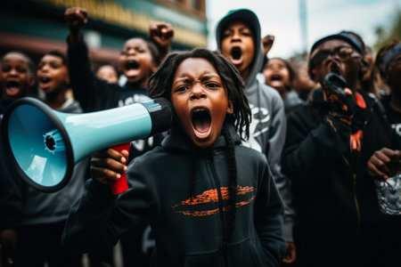 African American young boy shouting with a megaphone in a protest. Generative AI.の素材
