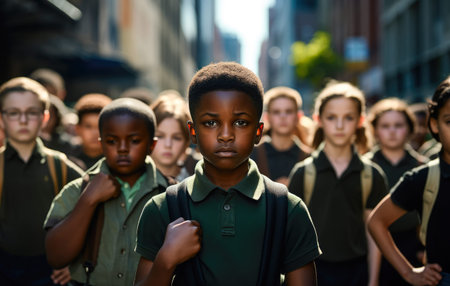 African American young boy standing still in protest sign with his schoolmates. Racism at school concept image. Generative AI.の素材