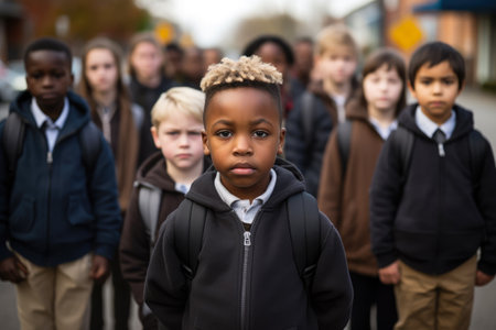 African American young boy standing still in protest sign with his schoolmates. Racism at school concept image. Generative AI.の素材