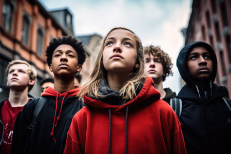 Group of teenagers standing still in protest sign with his schoolmates. Stop racism at school concept image. Generative AI.の素材