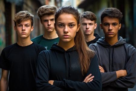 Group of teenagers standing still in protest sign with his schoolmates. Stop racism at school concept image. Generative AI.の素材